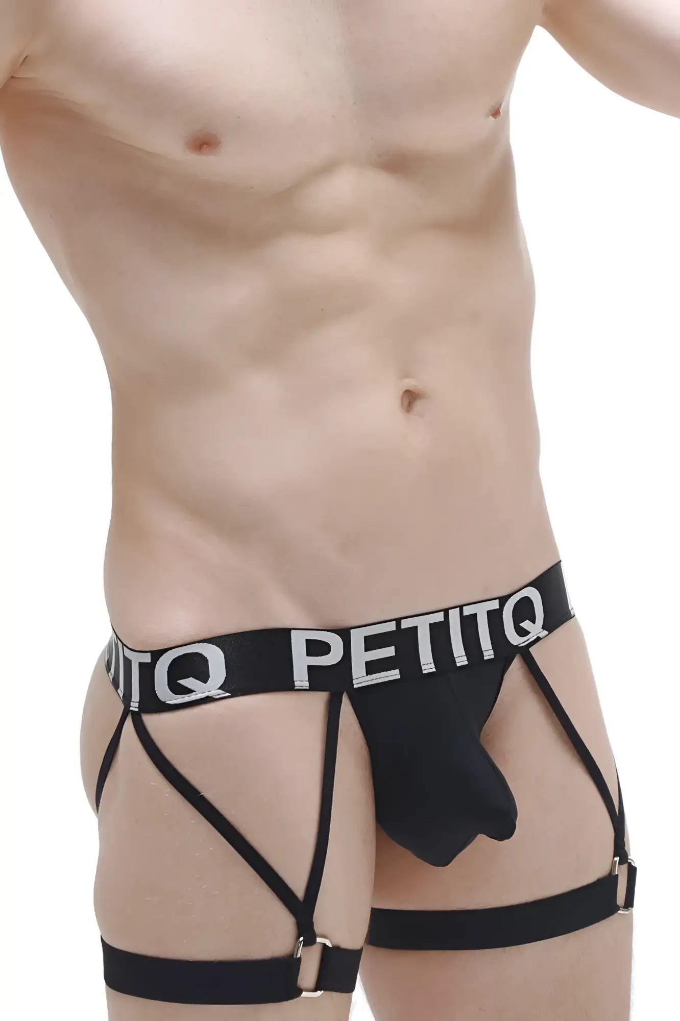 Black petitq men’s briefs g-string garter carys with supportive strappy design and white waistband lettering