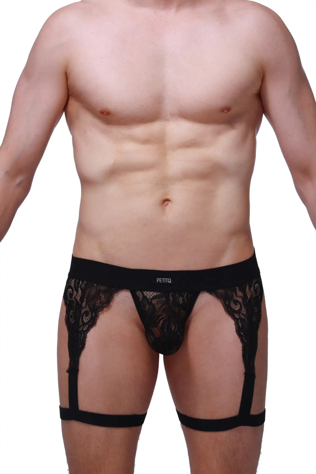 Black lace mens garter belt g string lurris black with central pouch adjustable straps and pettiq logo waistband