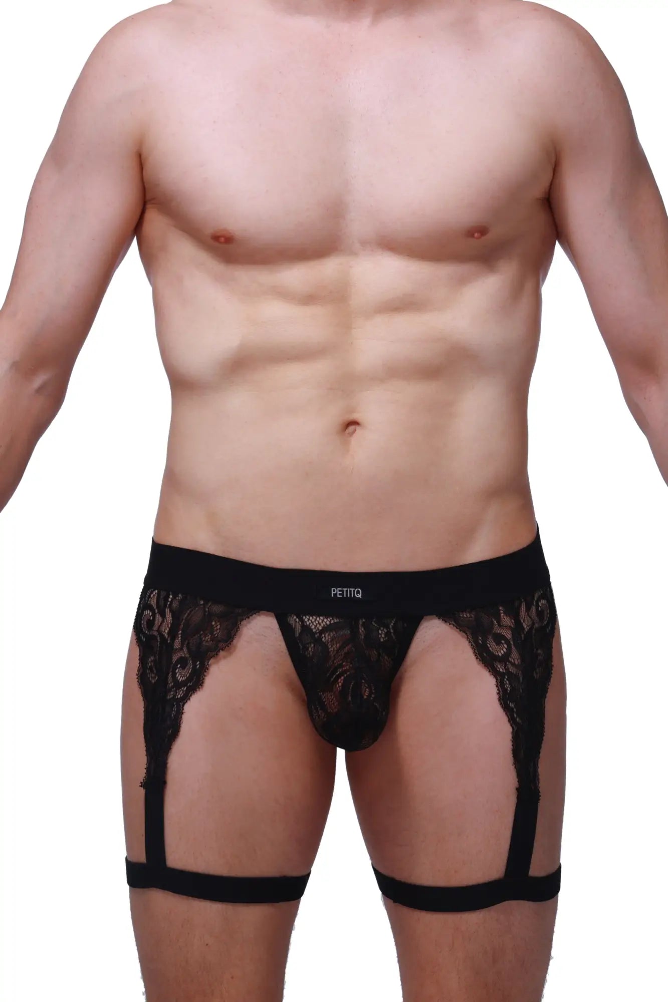 Black lace mens garter belt g string lurris black with central pouch adjustable straps and pettiq logo waistband