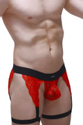 Red lace men’s g-string lurris lace red with black elastic waistband and leg straps featuring petito label