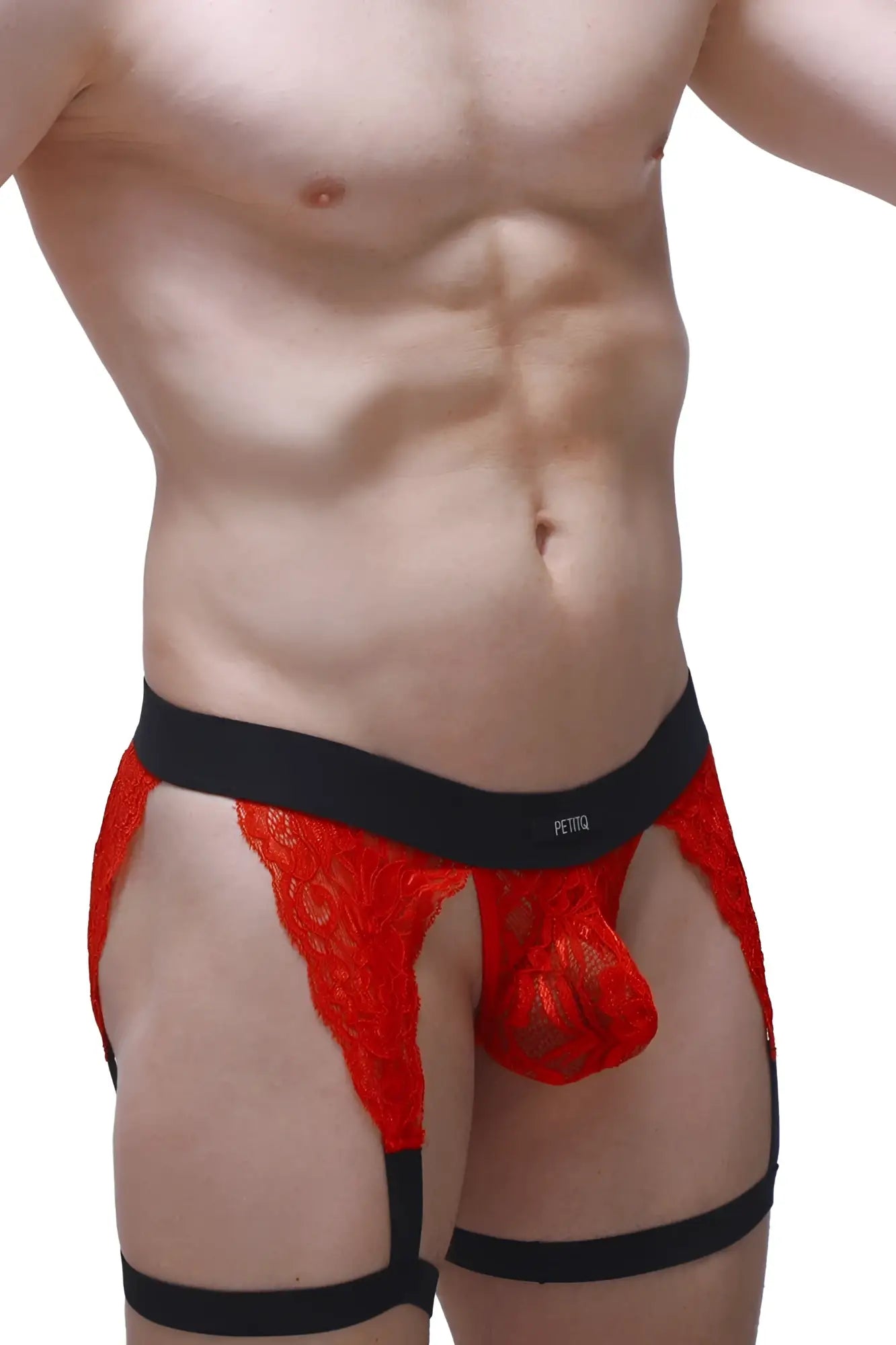 Red lace men’s g-string lurris lace red with black elastic waistband and leg straps featuring petito label