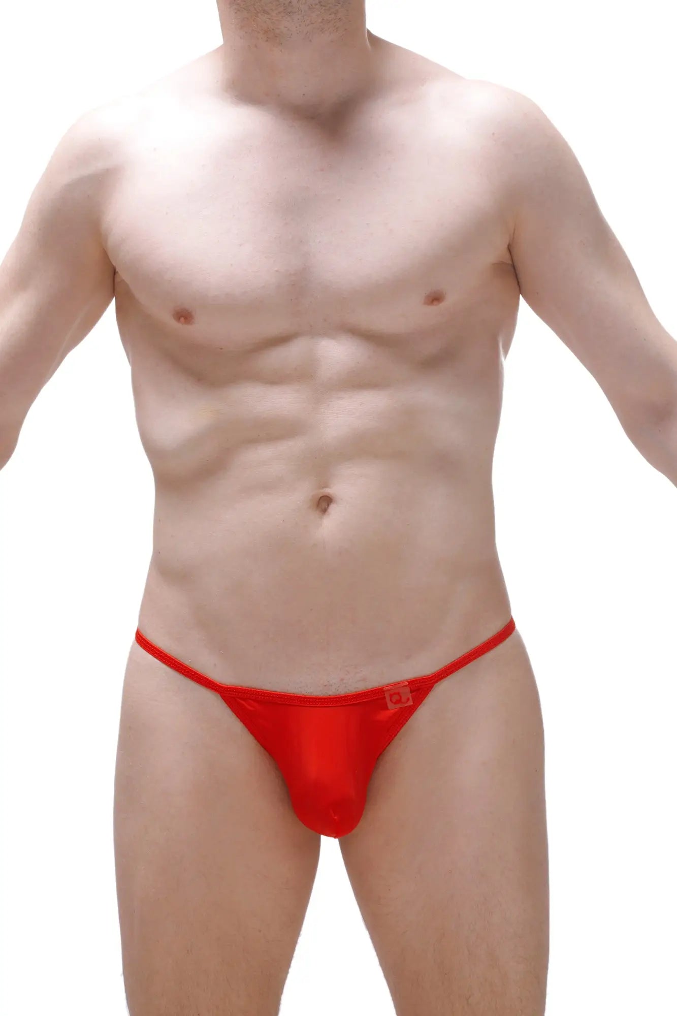 Red satin g-string metal heart with a small logo on the side showing the front view