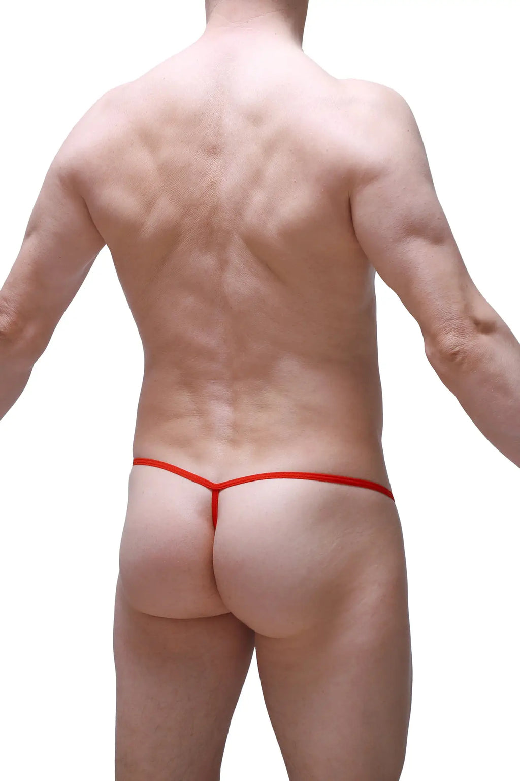 Red g-string with thin seamless fabric band and silicone ring showing the back side of the thong