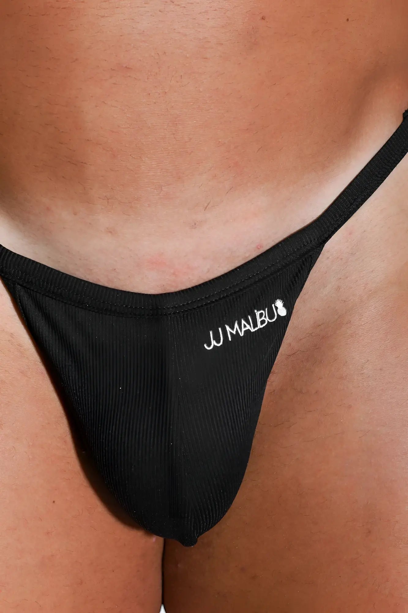 Black ribbed fabric g string v back jockstrap with white jj malbu embroidery and small logo in midnight black