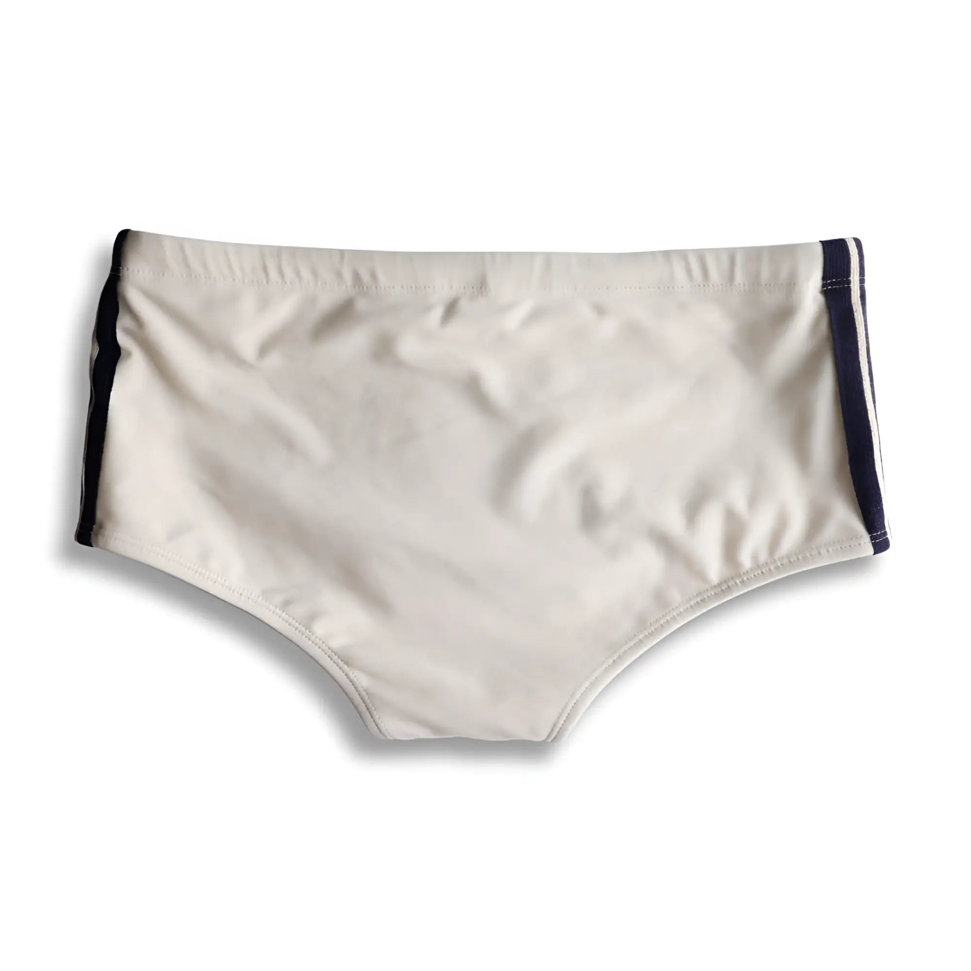 Cream-colored galão creme sunga designer swim shorts with navy blue side stripes for beachwear
