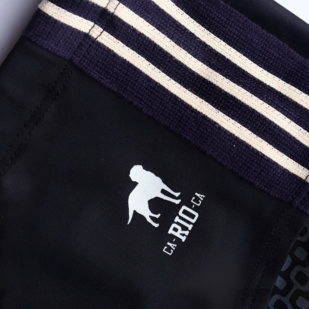 Black galão preto sunga designer swim shorts with navy waistband three white stripes and ca-ri0-ca dog logo