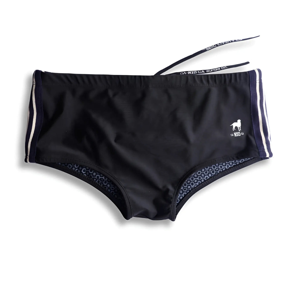 Galão preto sunga designer swim shorts black trunks with white side stripes and small dog logo on waistband