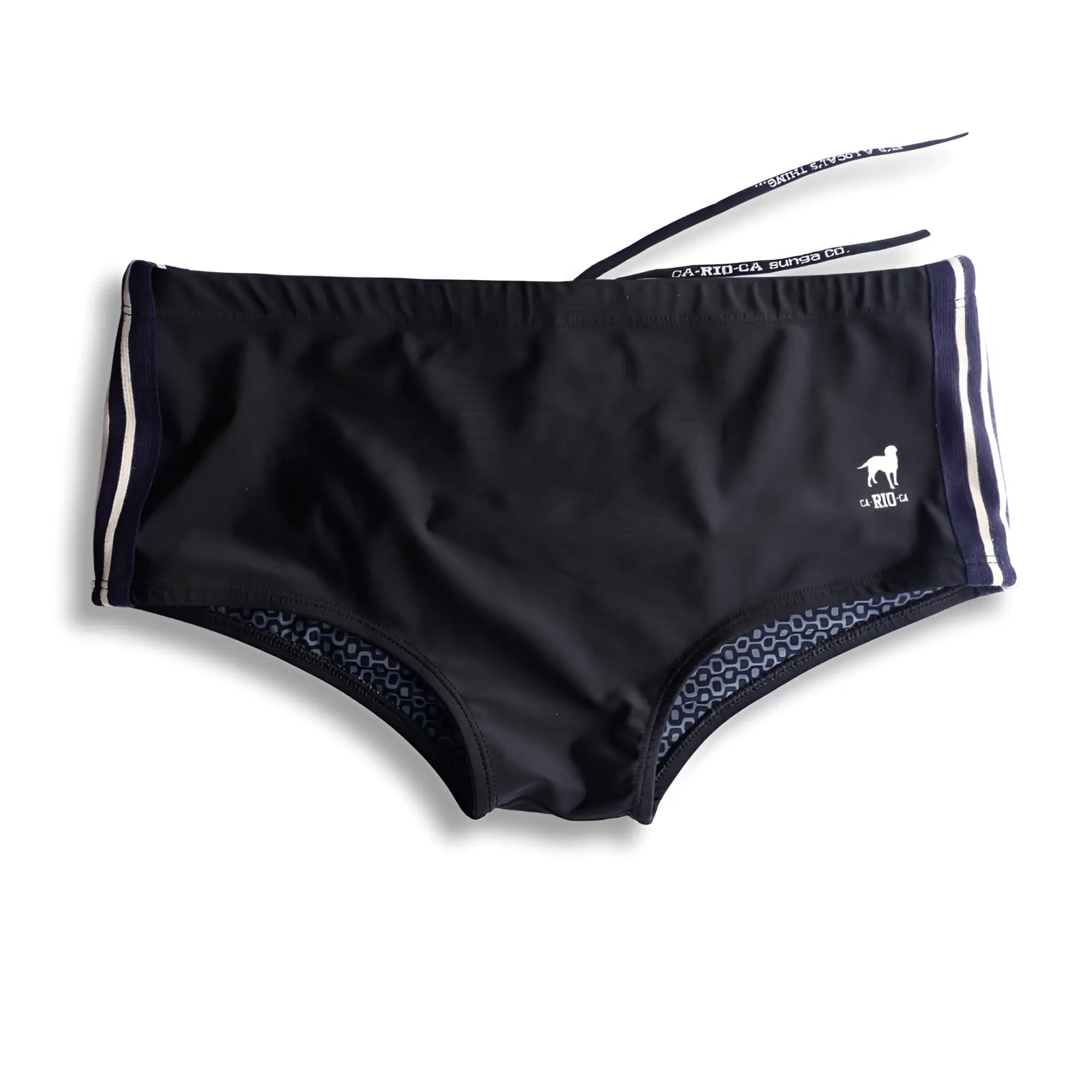 Galão preto sunga designer swim shorts black trunks with white side stripes and small dog logo on waistband