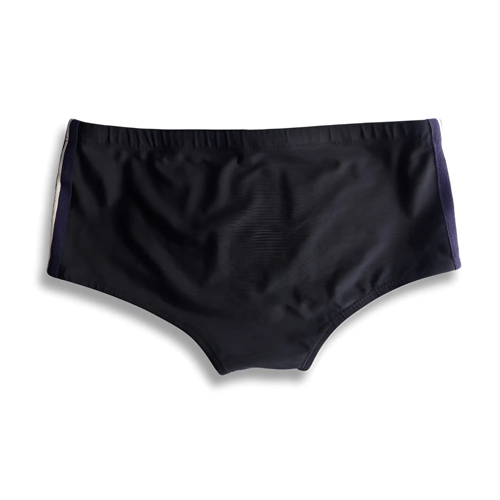 Black swim trunks galão preto sunga with navy blue side panels designer swim shorts for beachwear