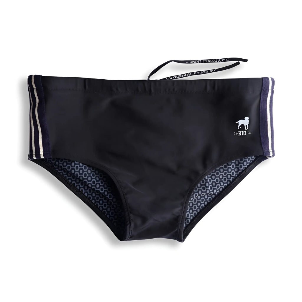Galão preto sunga designer swim shorts in black with white and navy side stripes and a small dog logo near the waistband