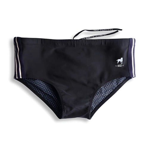 Galão preto sunga designer swim shorts in black with white and navy side stripes and a small dog logo near the waistband