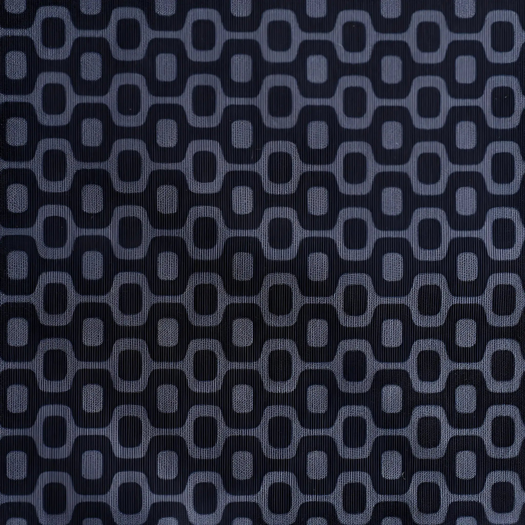 Dark navy galão preto sunga designer swim shorts with interlocking gray oval geometric pattern fabric close-up