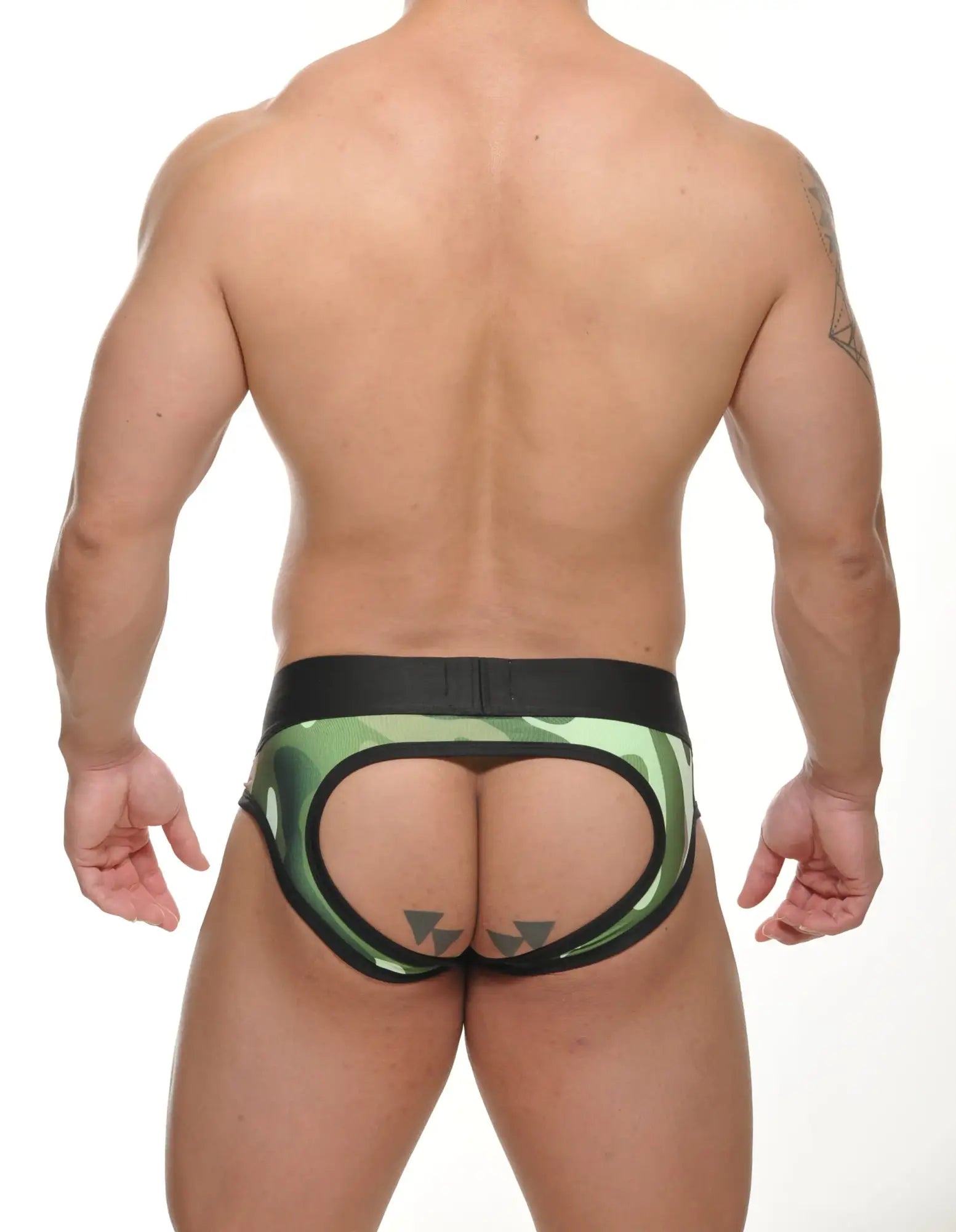 Green camouflage open back jock brief with black waistband and cutout design by gallo shown from the back
