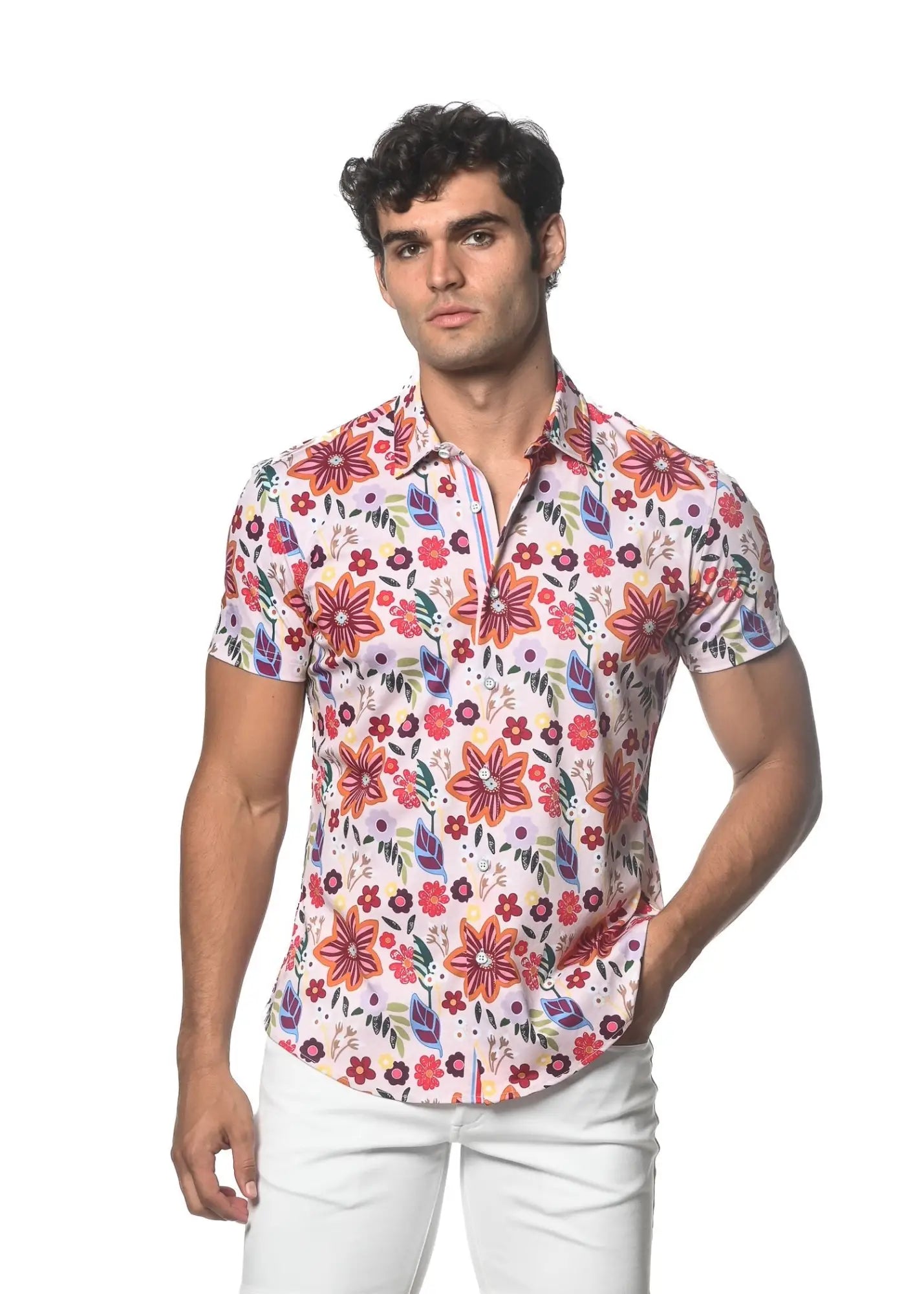 Garden print stretch knit shirt featuring a vibrant white short-sleeve button-up with red orange and purple floral pattern