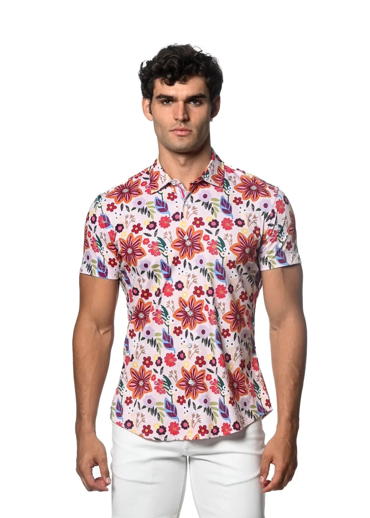 A garden print stretch knit shirt with vibrant floral pattern in white featuring red orange and purple blossoms