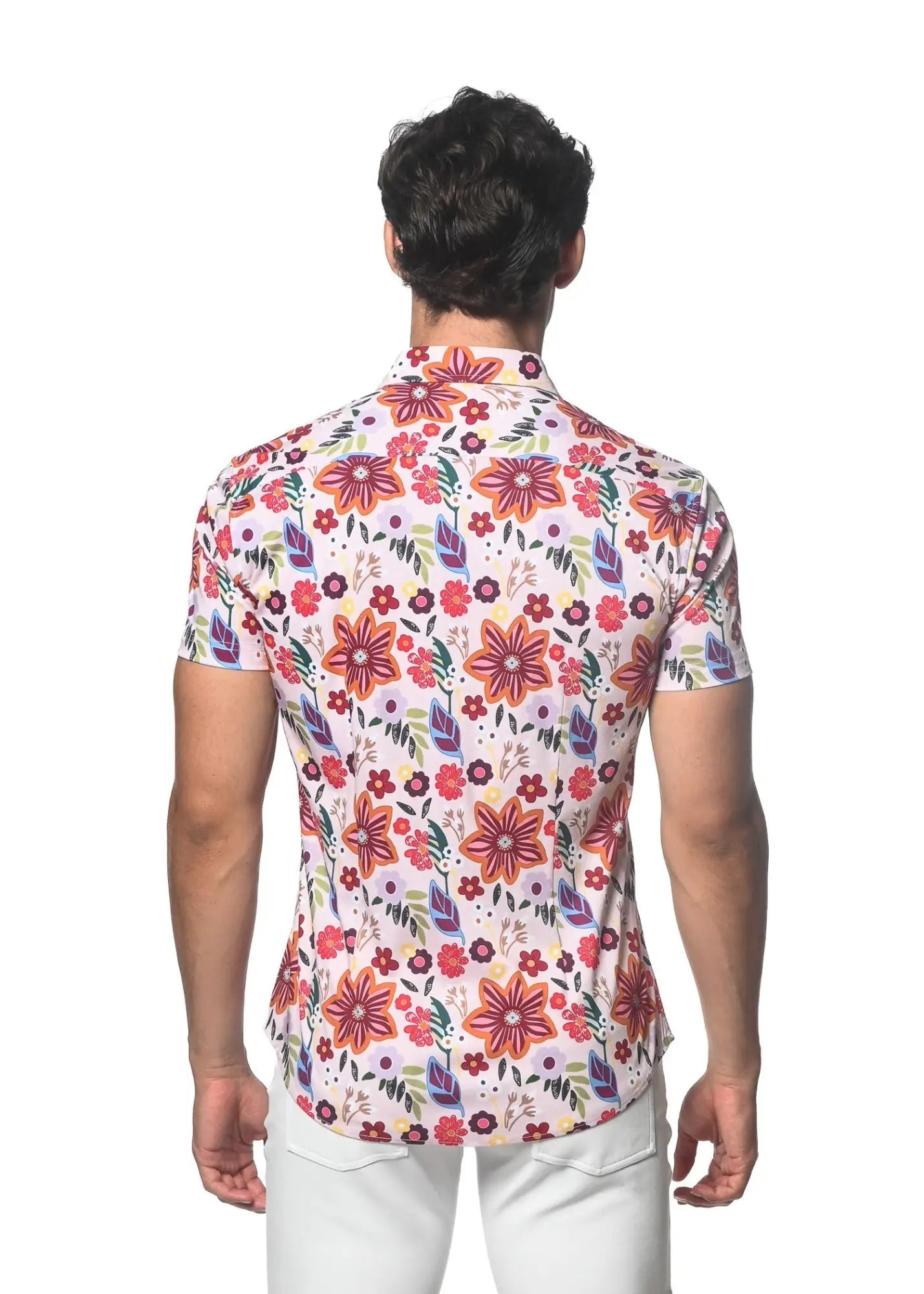 A vibrant garden print stretch knit shirt with bold red and purple floral patterns on white fabric