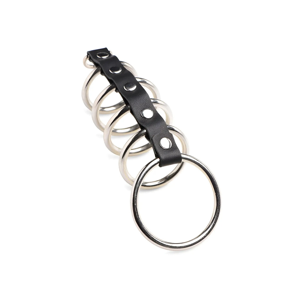 Black leather strap with five silver-toned metal rings in gates of hell snakecharmer cage with d-ring accessory