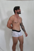 White boxer briefs gay karmasutra trunk with black outlined figures and solid black waistband front view