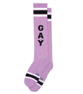 Lavender knee high socks with bold black gay lettering and white black striped accents for pride wear