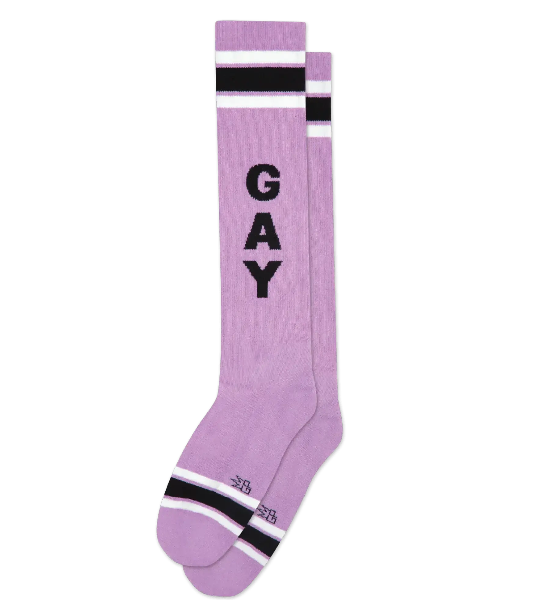 Lavender knee high socks with bold black gay lettering and white black striped accents for pride wear