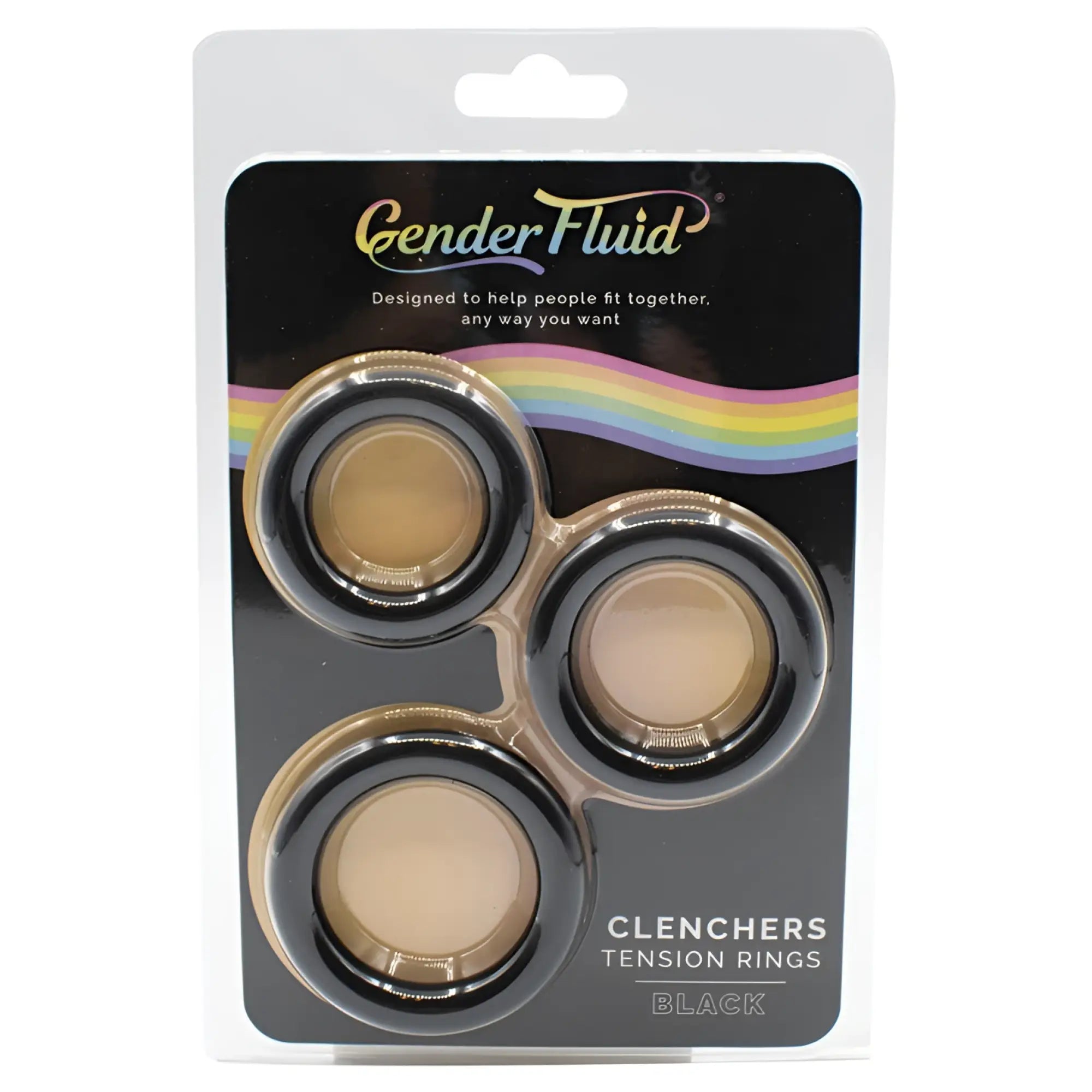 Gender fluid clenchers tension ring set with black rings featuring gold-toned rims and translucent beige centers in clear pack