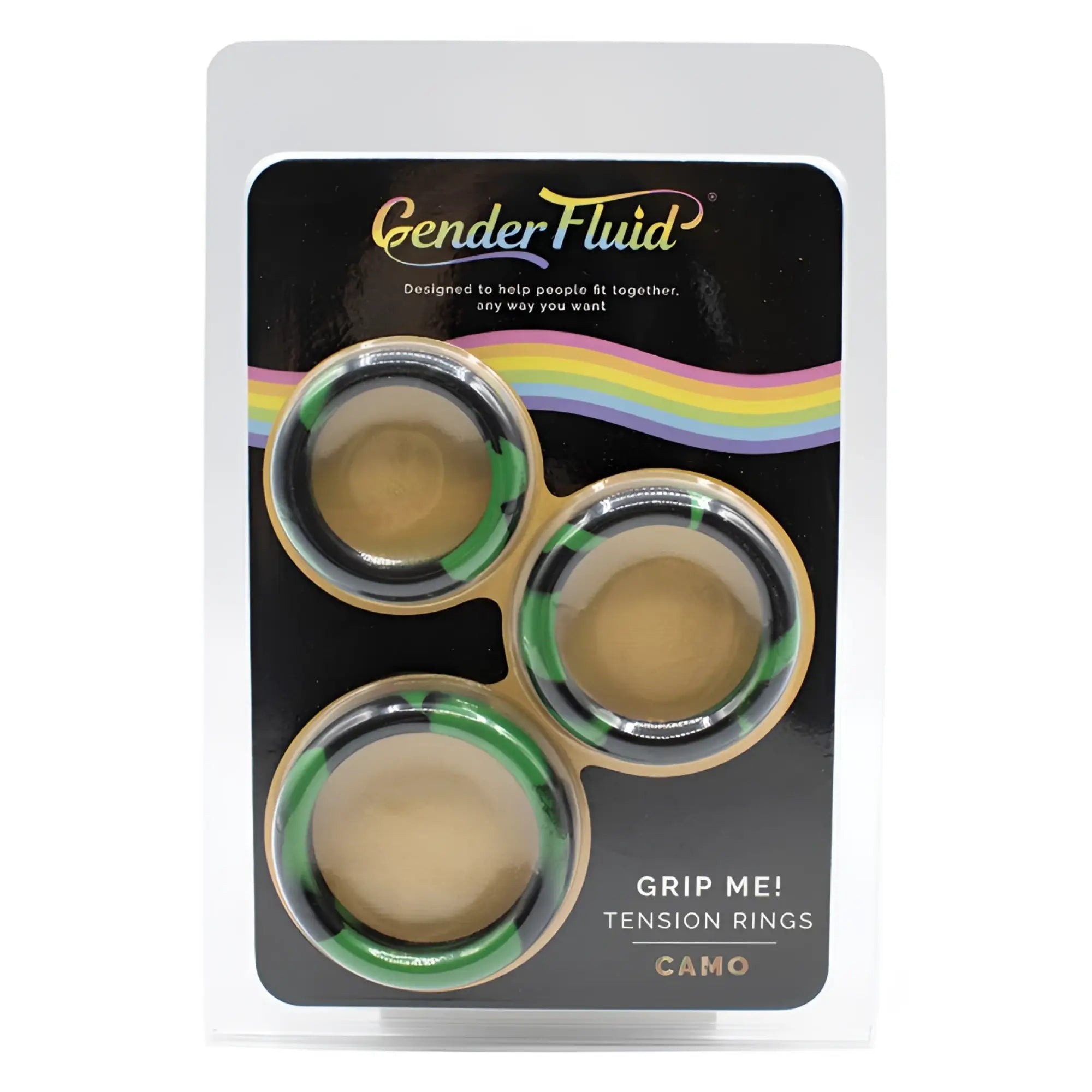 Set of three green and black camouflage tension rings by gender fluid designed for comfortable grip and style