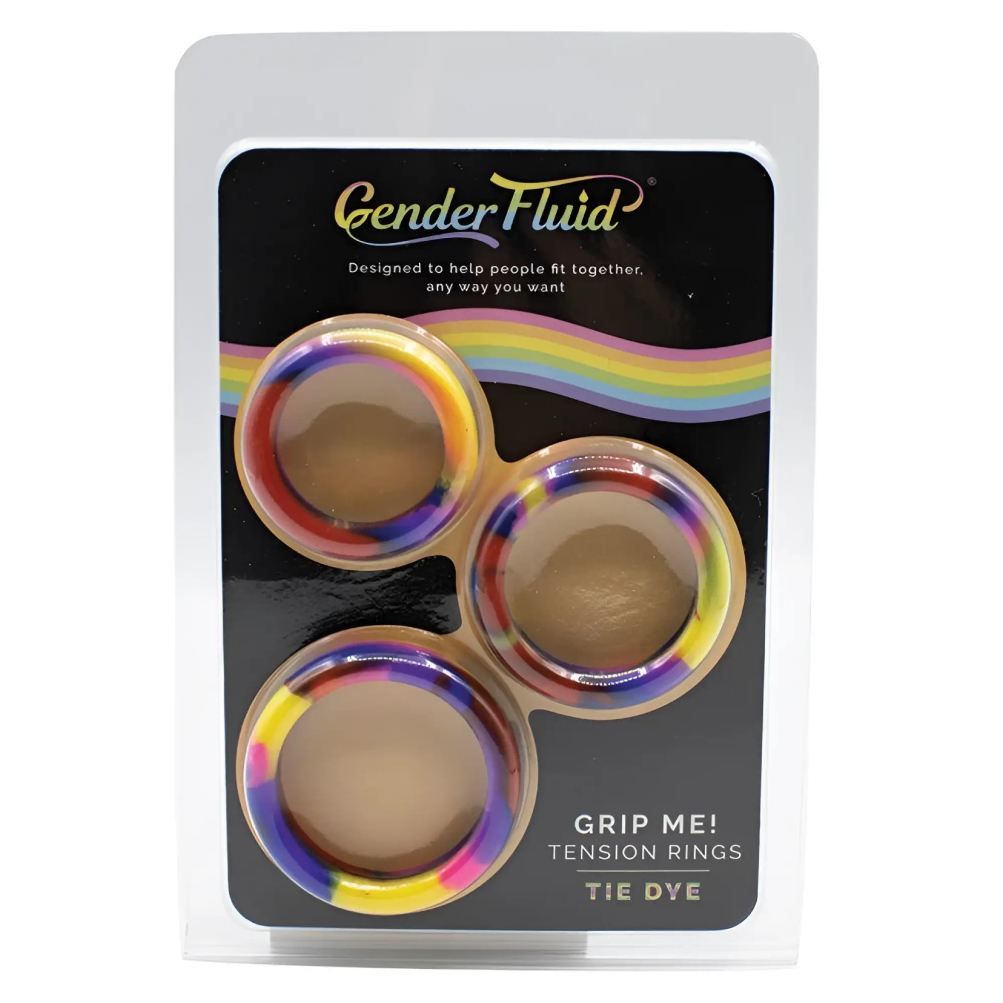 Set of three rainbow tie-dye gender fluid grip me tension rings packaged for sale
