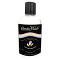 Clear plastic bottle of gender fluid silicone lubricant 8oz with black cap and rainbow label featuring rainbow stripe