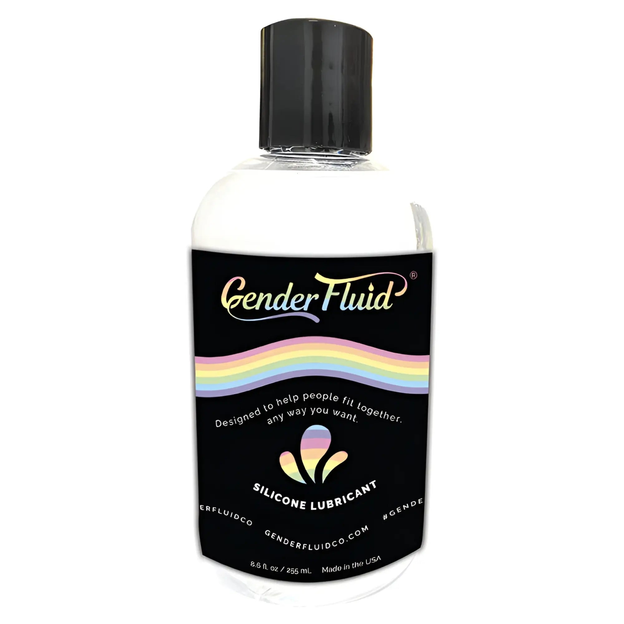 Clear plastic bottle of gender fluid silicone lubricant 8oz with black cap and rainbow label featuring rainbow stripe