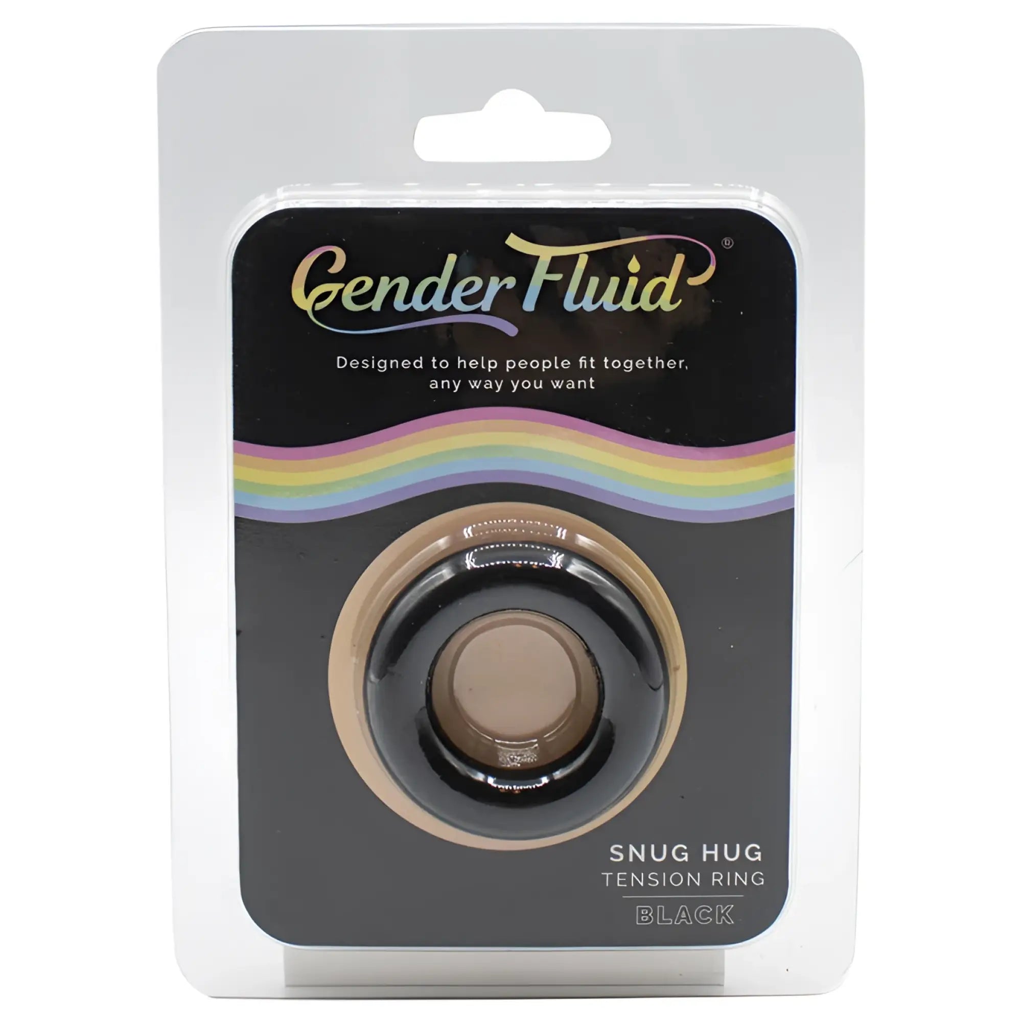 Black gender fluid snug hug tension ring with a smooth glossy finish and beige inner ring for comfortable wear
