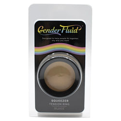 Gender fluid squeezer tension ring black in clear plastic package with rainbow branding for versatile wear