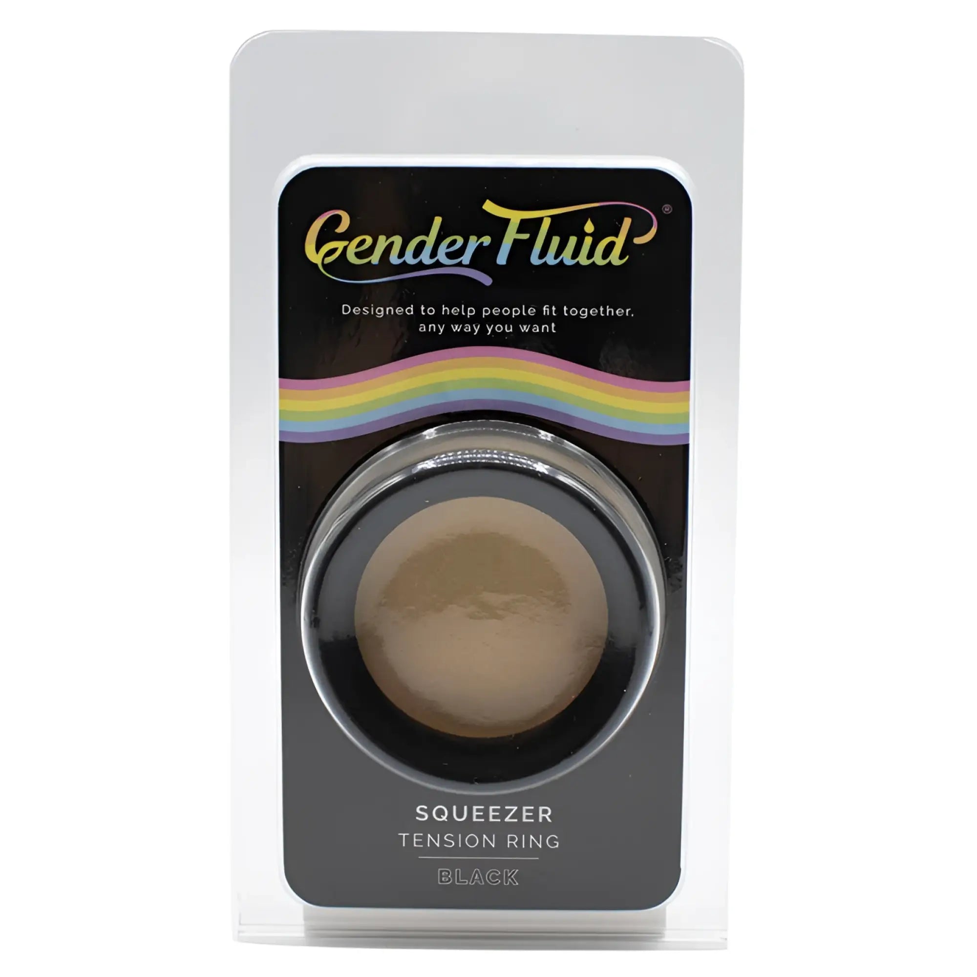 Gender fluid squeezer tension ring black in clear plastic package with rainbow branding for versatile wear