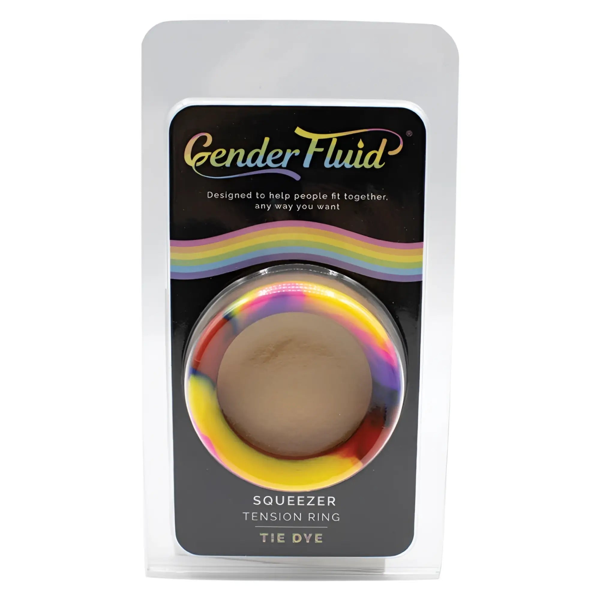 Gender fluid tie-dye squeeze tension ring in clear plastic package with rainbow swirls and gender fluid branding