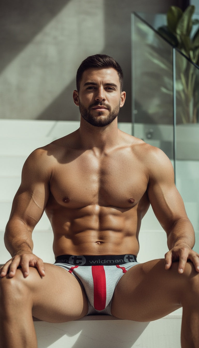 Gray and red stretch cotton pouch briefs with a logo waistband, worn by a muscular man.