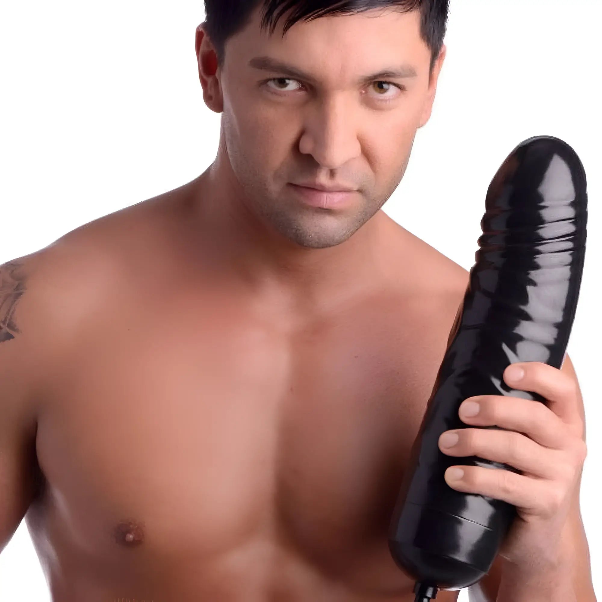 Black silicone giant inflatable solid core dildo with textured ridges and rounded tip for intense pleasure