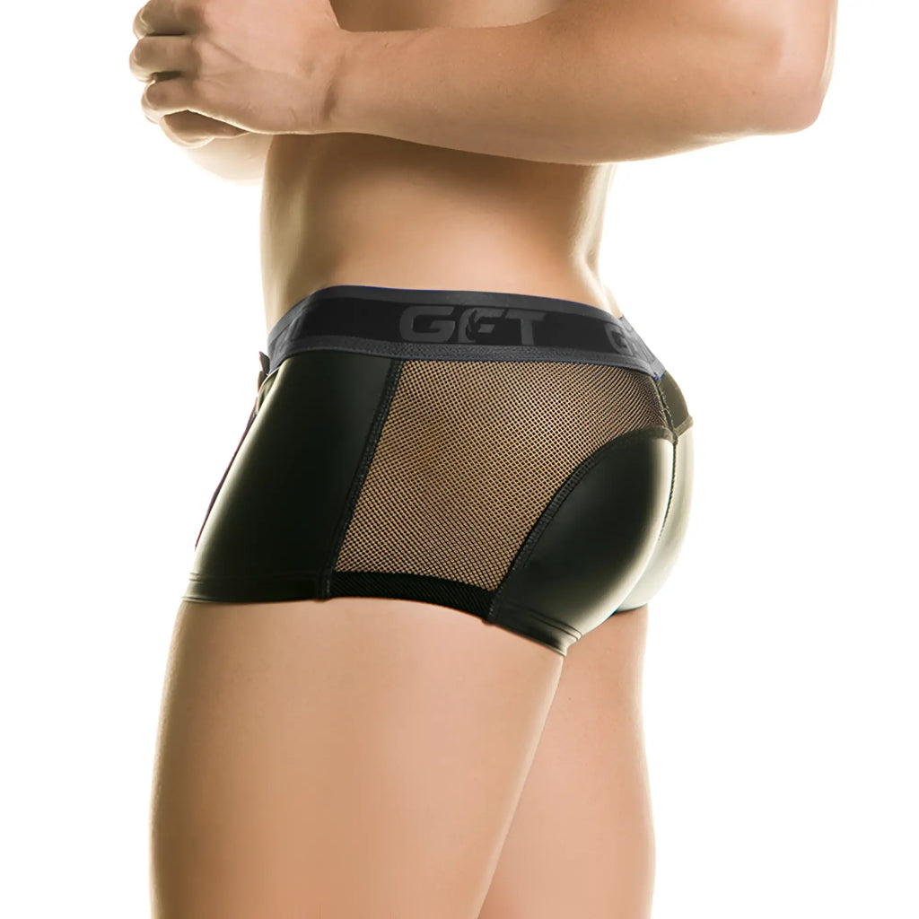 Black gigo 1 fetiche trunk men’s briefs with glossy faux leather finish and mesh paneling