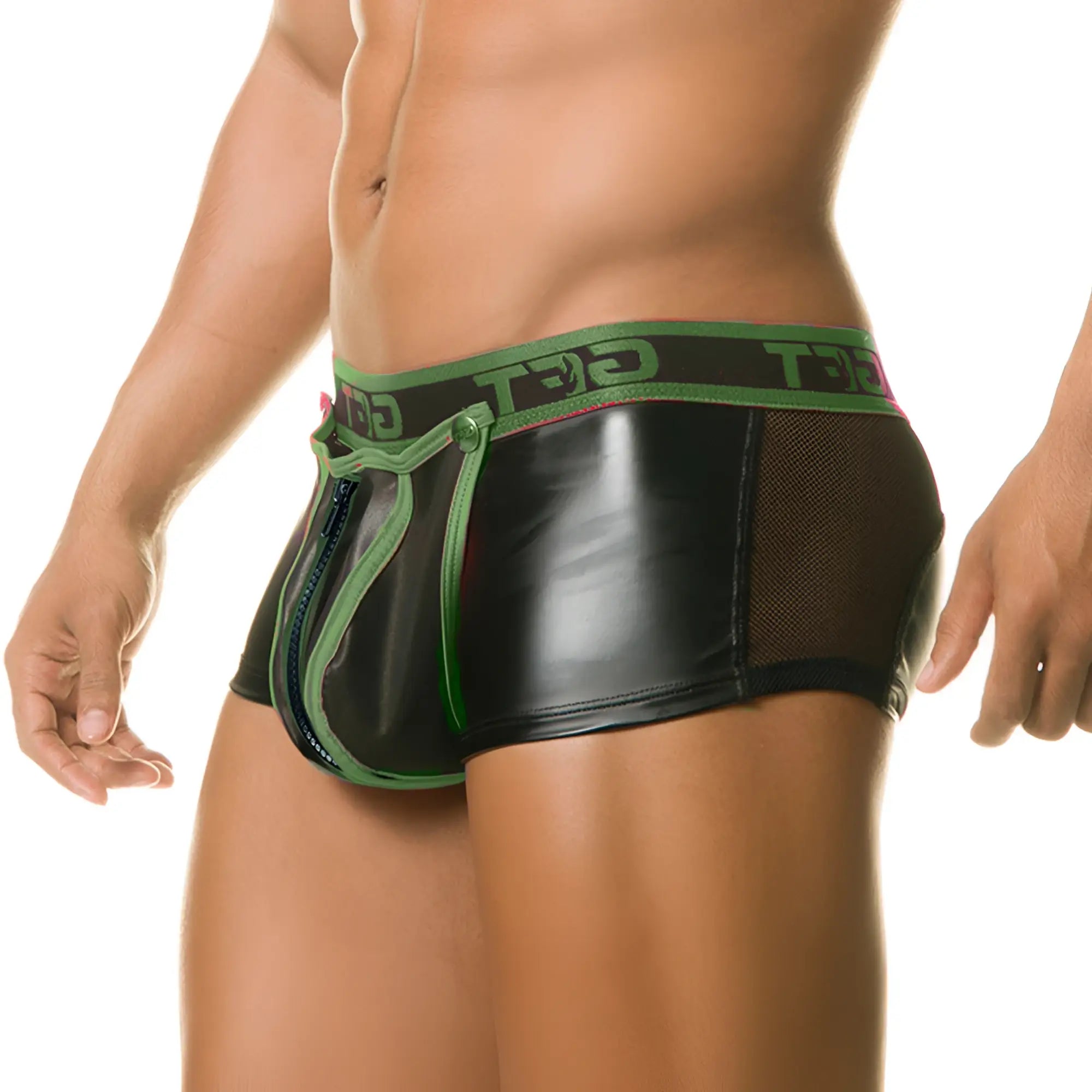 Black and green patent leather briefs with mesh panels and front zipper pocket from the gigo 1 fetiche green trunk zipper collection