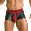 Gigo 1 Fetiche red trunk black and red faux leather briefs with glossy finish and bold vertical red stripes front view