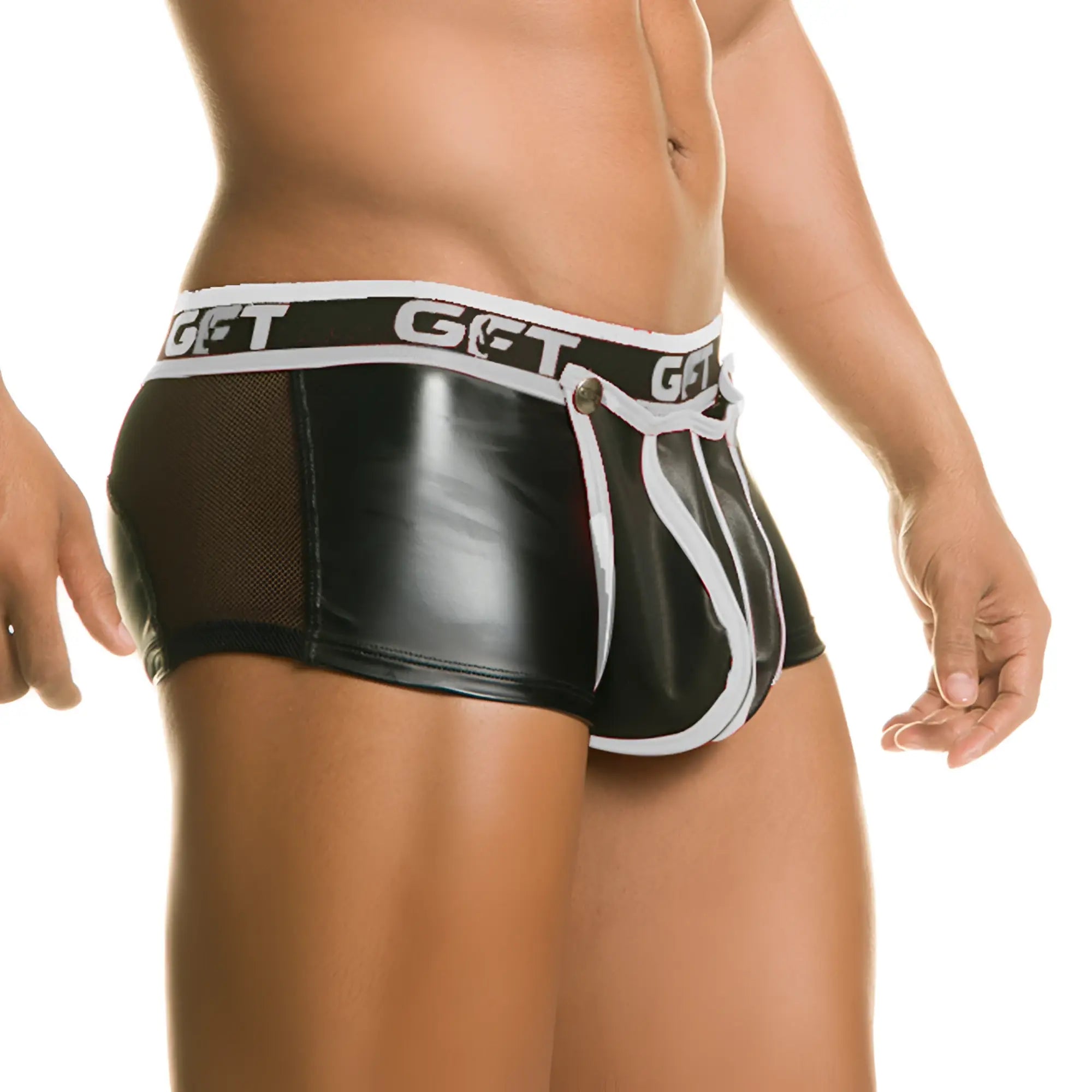 Black patent leather briefs with white mesh panels and contrasting white waistband featuring get logo gigo 1 fetiche white trunk