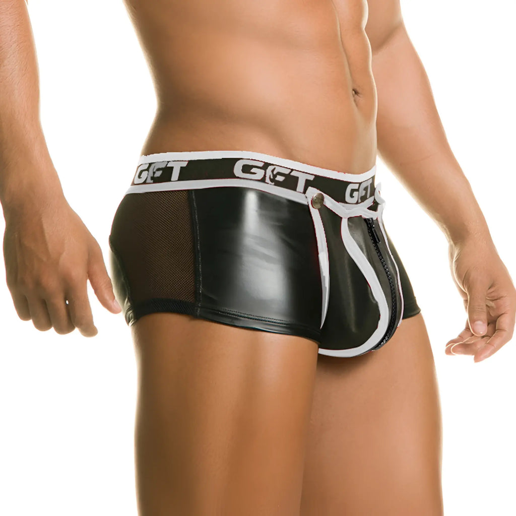 Black gigo 1 fetiche white trunk zipper men’s briefs with shiny faux leather front mesh side panels and white trim