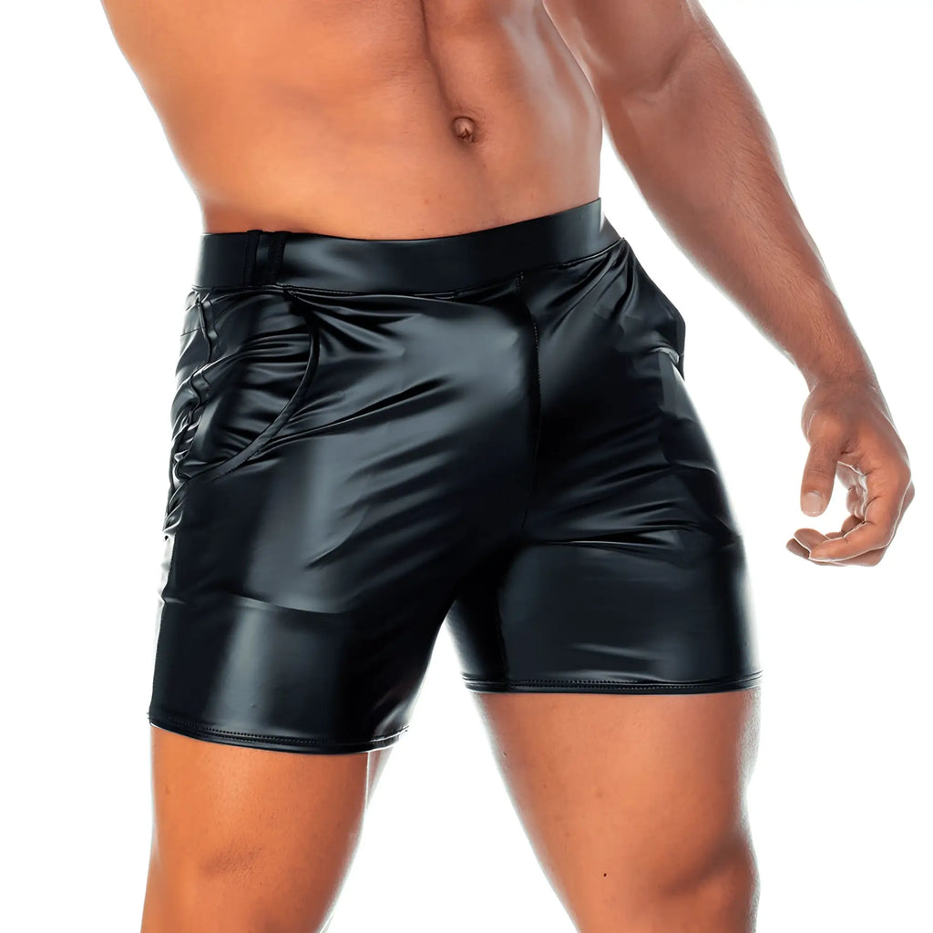 Gigo 2 Fetiche black short shiny faux leather with sleek form-fitting design and visible side pockets