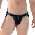 Black patent leather Gigo 2 Fetiche zipper jockstrap briefs with gray gct waistband and front zipper closure