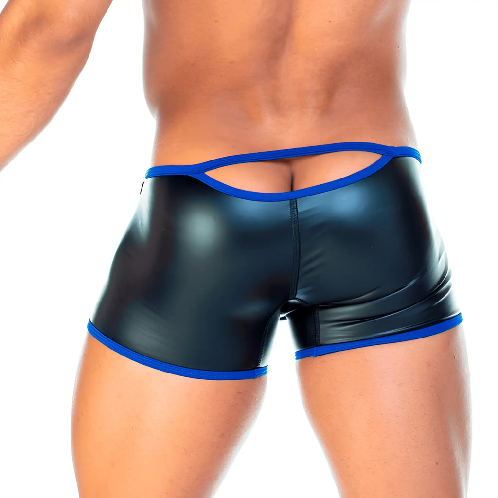 Black patent leather shorts gigo 2 fetiche blue trunk with bold blue trim and distinctive back cutout shown from the back
