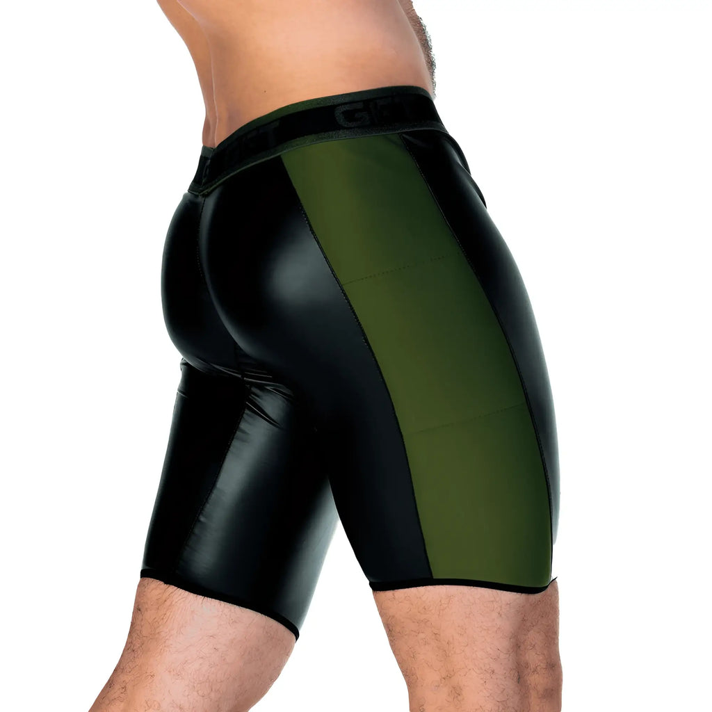Black and olive green patent leather shorts with a sleek glossy finish in the gigo 2 fetiche green trunk long style