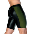 Black and olive green patent leather shorts with a sleek glossy finish in the gigo 2 fetiche green trunk long style