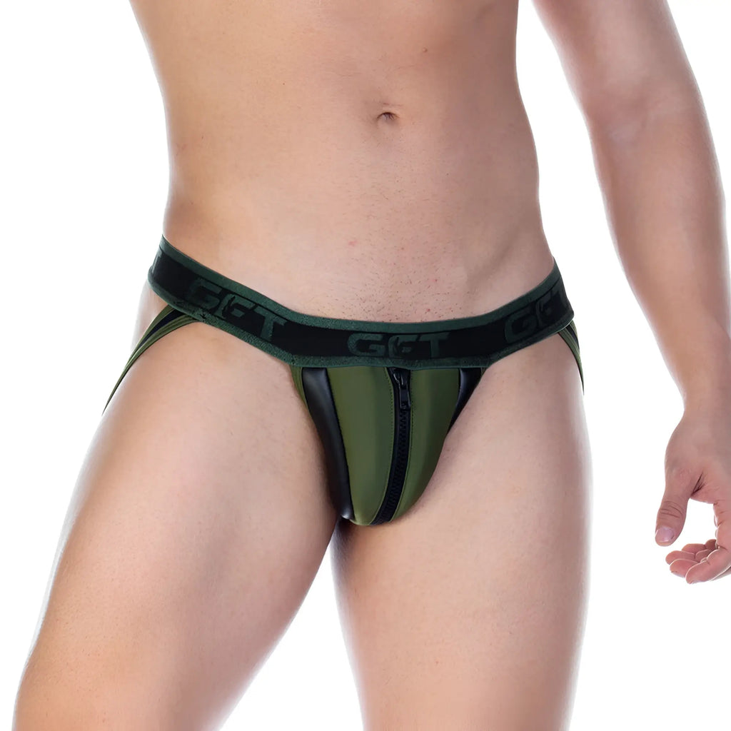 Olive green and black gft branded briefs with central zipper detail from gigo 2 fetiche green zipper jockstrap