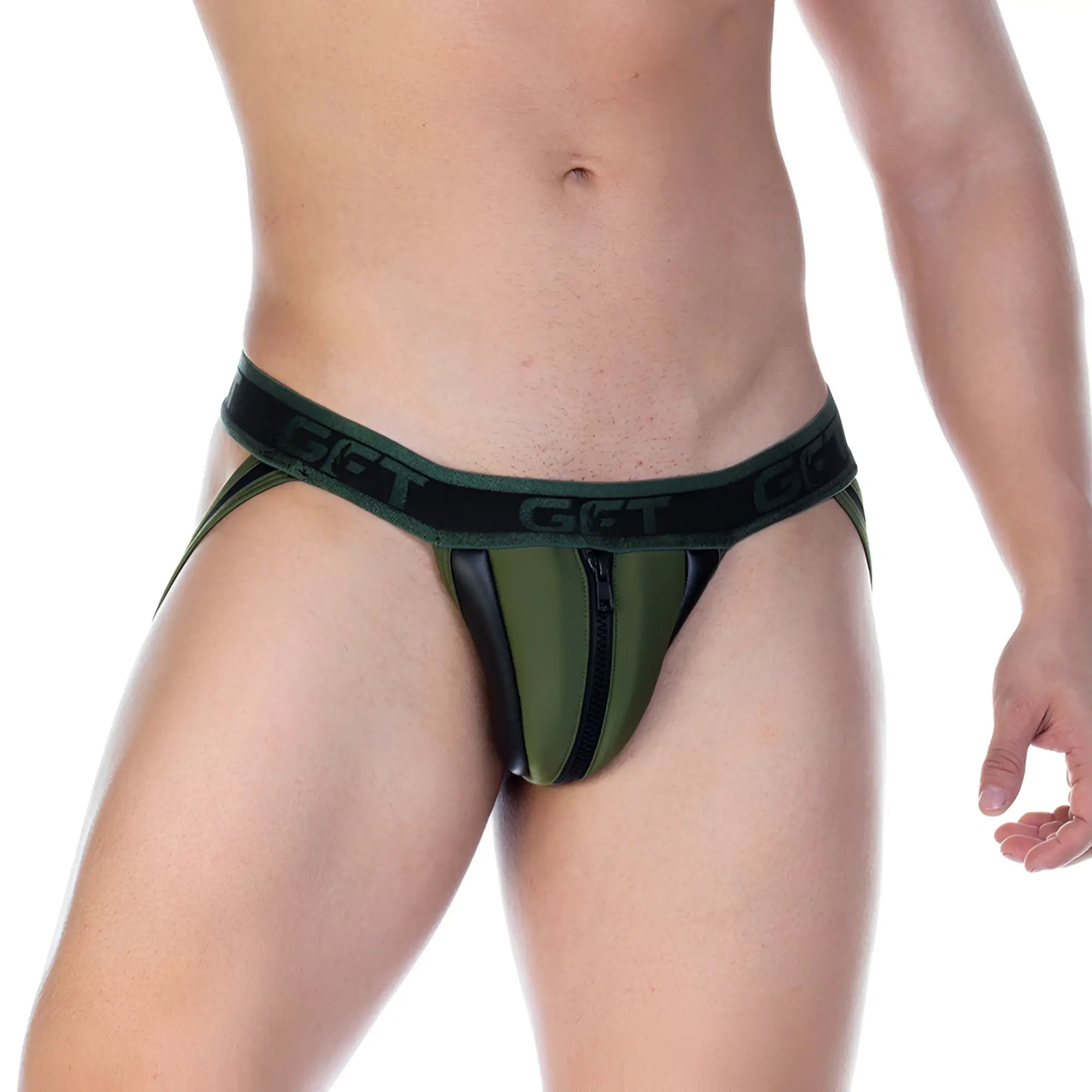 Olive green and black gft branded briefs with central zipper detail from gigo 2 fetiche green zipper jockstrap
