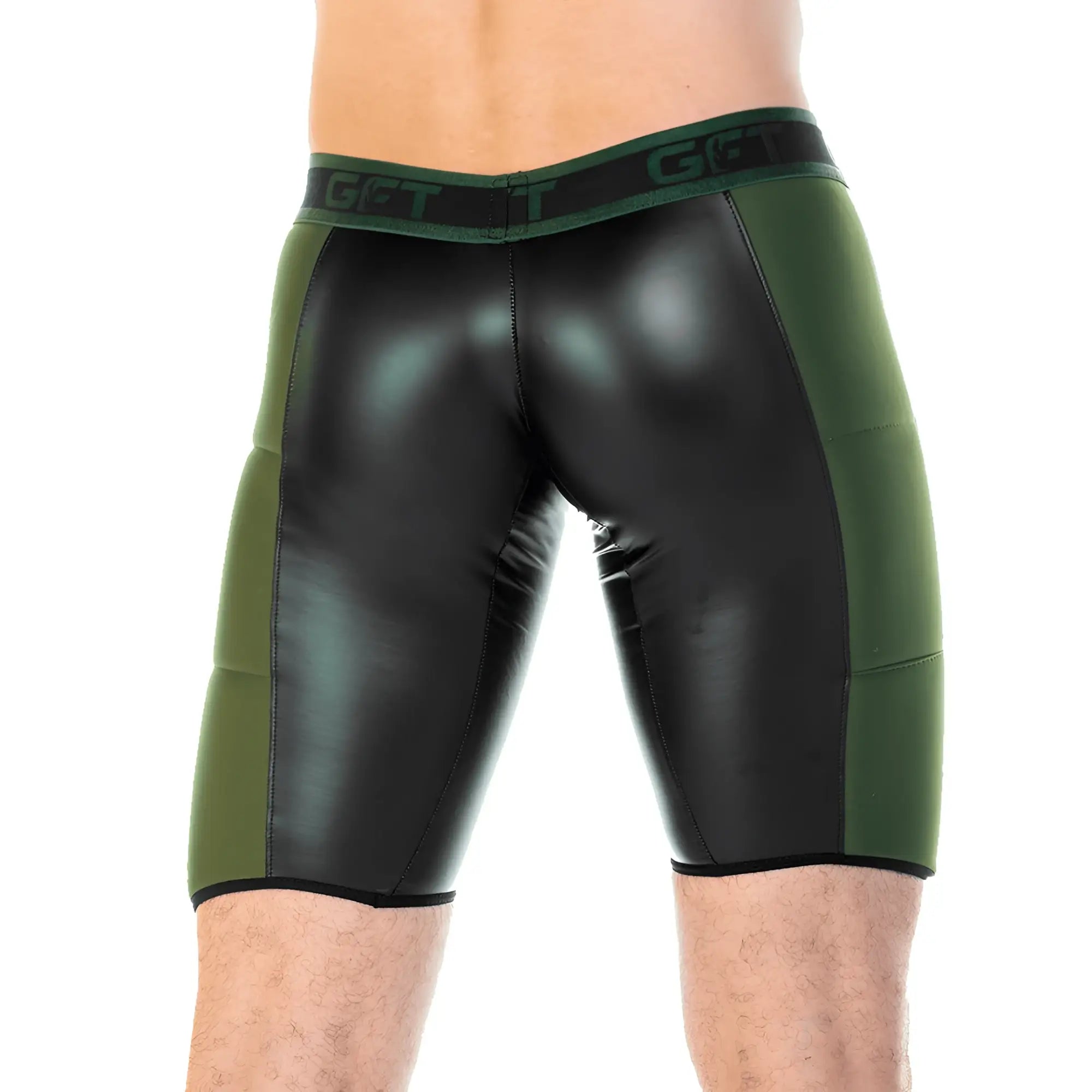 Black and olive green patent leather shorts with matching elastic waistband featuring get logo gigo 2 fetiche green zipper trunk long