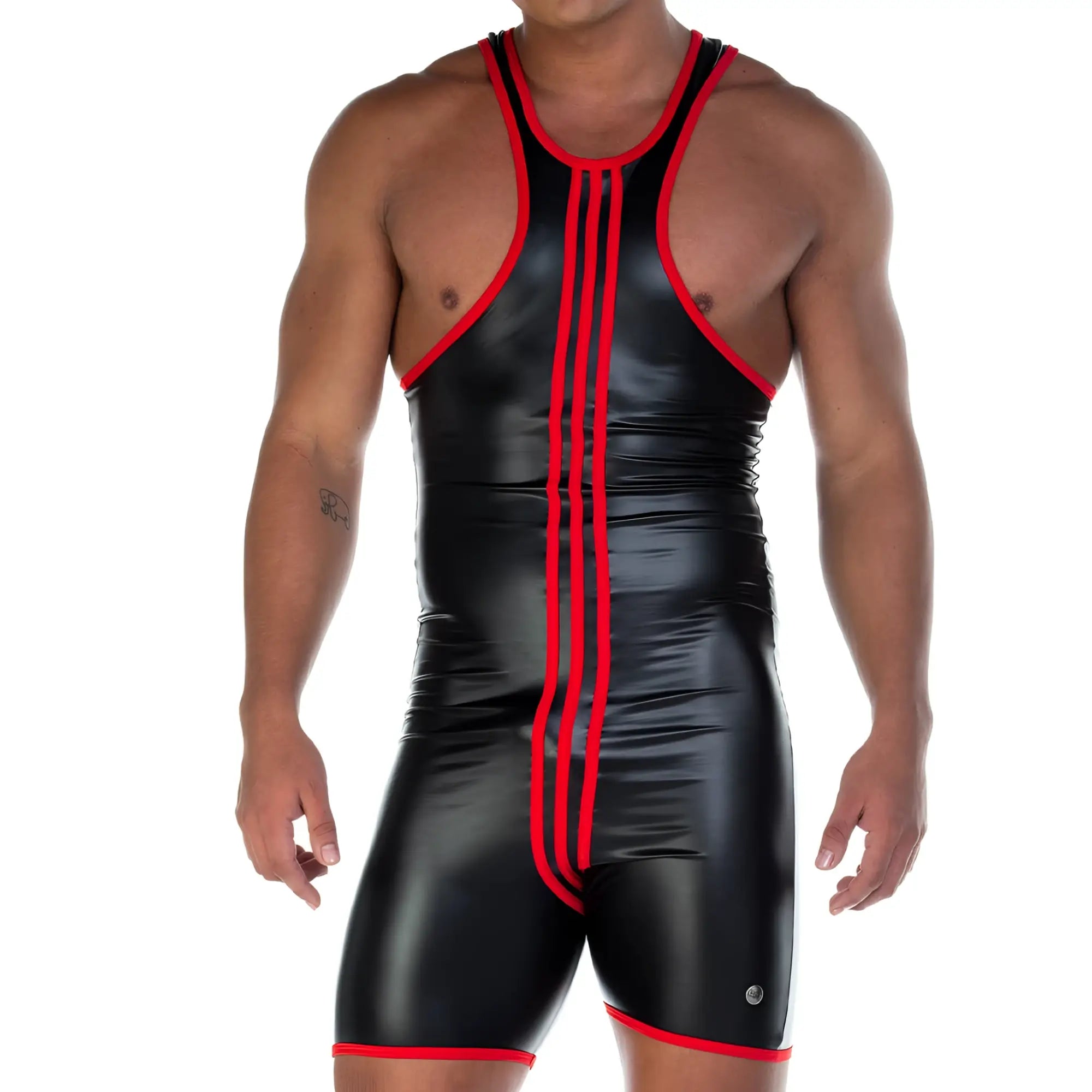Gigo 2 Fetiche red singlet black and red latex wrestling singlet with three vertical red stripes down the front