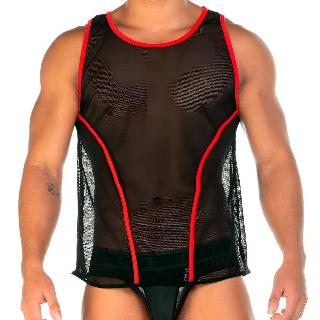 Black mesh tank top with red trim gigo 2 fetiche red tank highlighting breathable material and bold color contrast